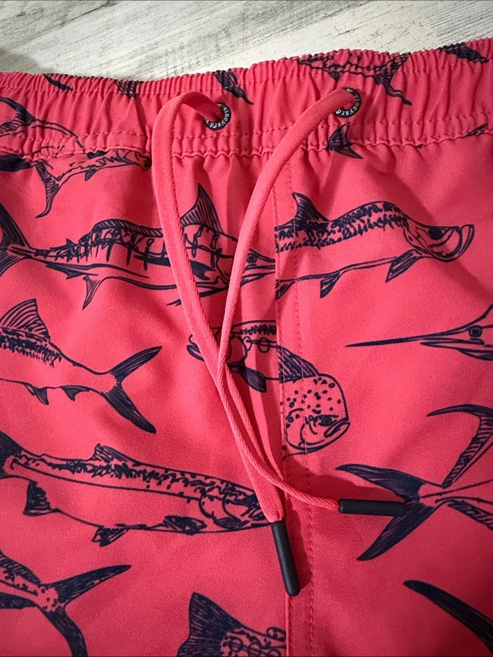 Vineyard Vines Coral Swim Trunks with Navy Fish Print